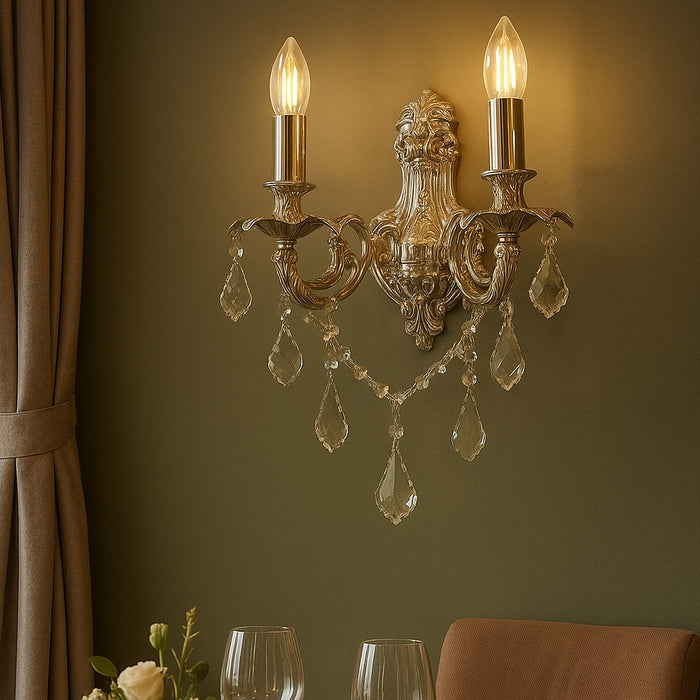 Vintage Crystal Wall Sconce – Dual Arm Baroque Lamp