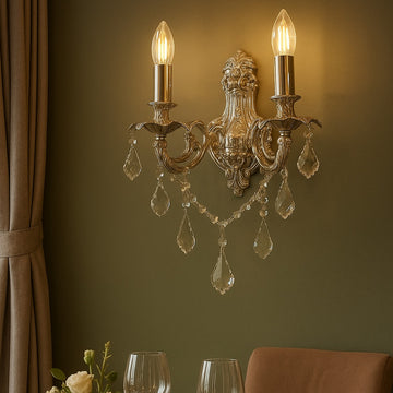 Vintage Crystal Wall Sconce – Dual Arm Baroque Lamp