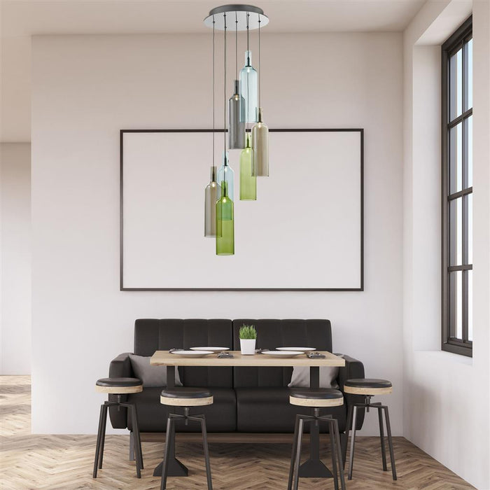 Searchlight Bottles 7-Light Multi-Coloured Glass Bottle Multi-Drop Pendant
