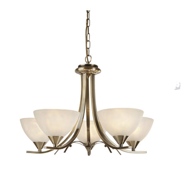 Searchlight 5-Light Modern Chandelier – Brushed Nickel Finish with Frosted Glass Shades | Elegant Ceiling Hanging Light for Living Room, Dining Area & Halls